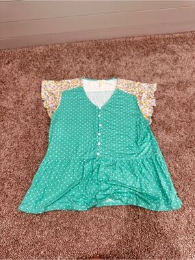 Matilda Jane Teal Polka Dot Flutter Sleeve Top with Floral Sleeves